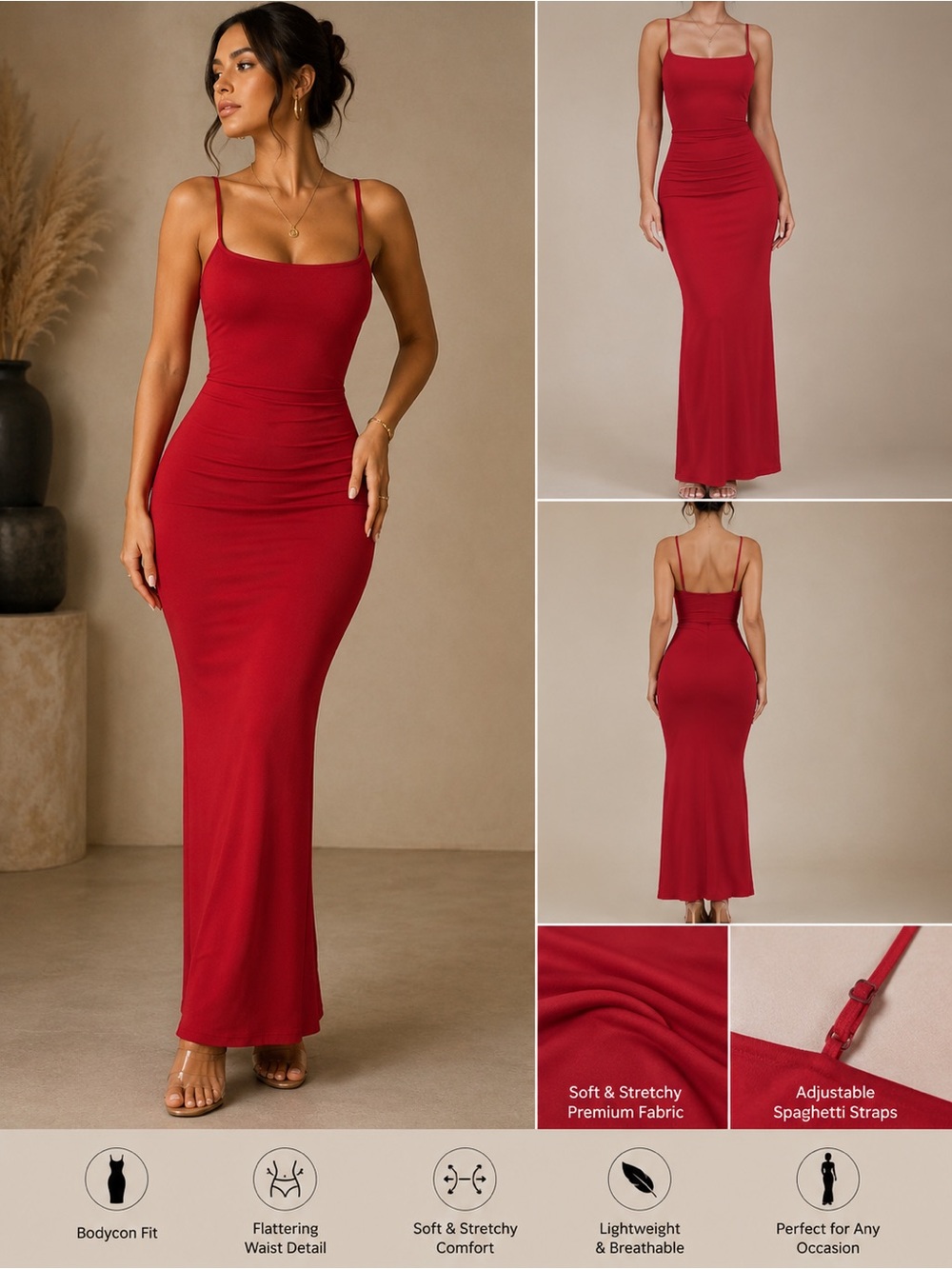 Red Spaghetti-Strap Bodycon Maxi Dress
